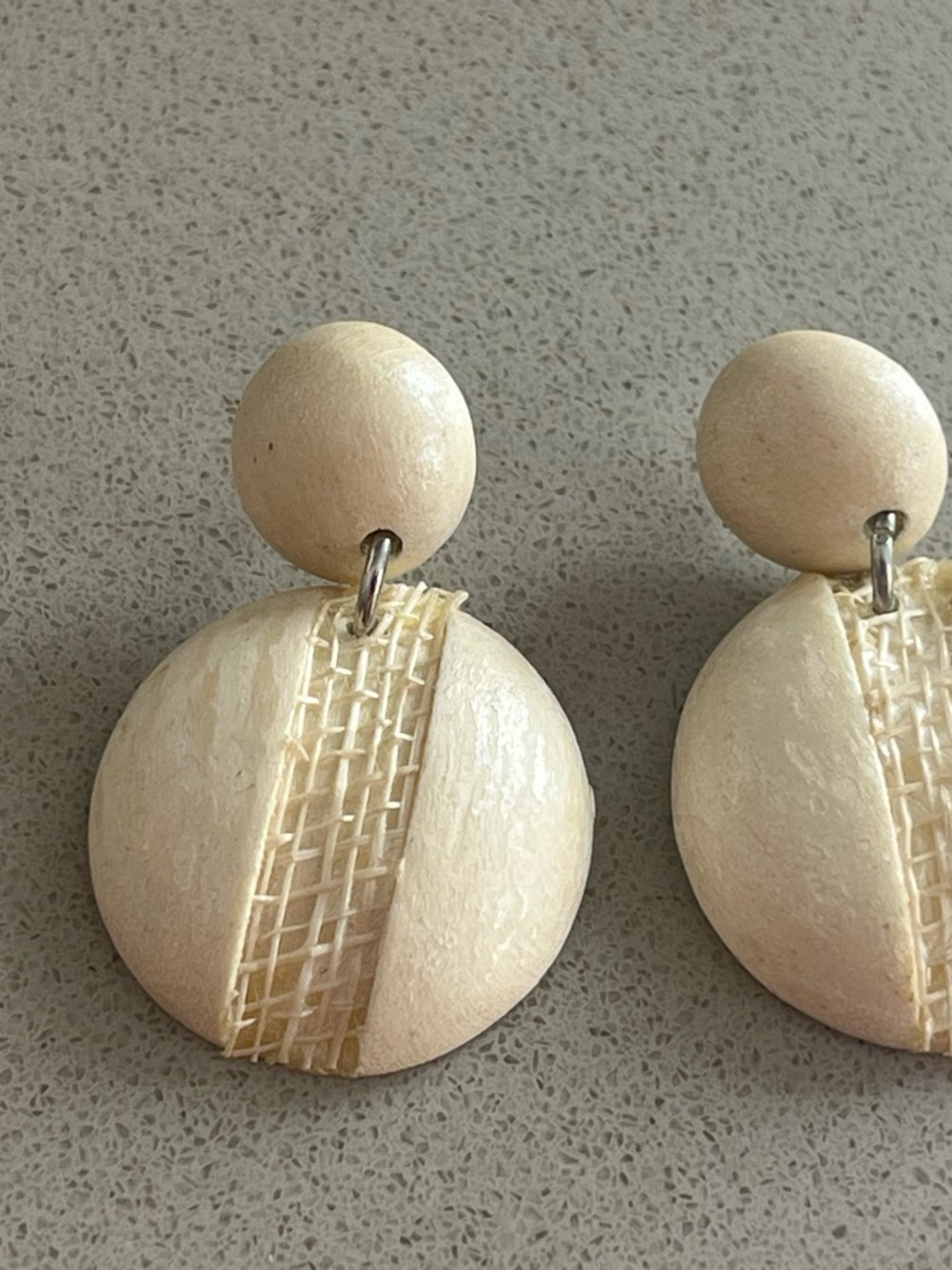Cream Round Drop Earrings with Woven Accent
